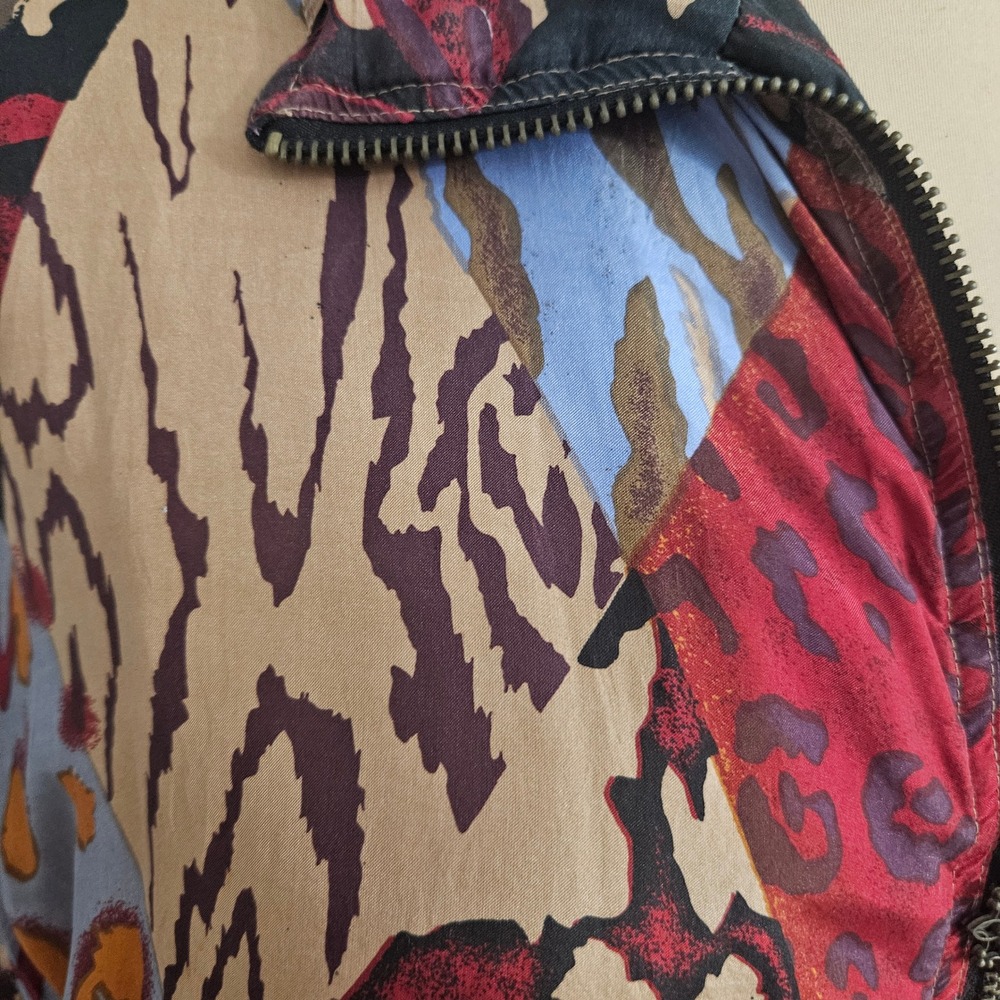 East West Silks Animal Print Patchwork Silk Bomber Jacket Large Red Boho Vintage - Picture 7 of 13